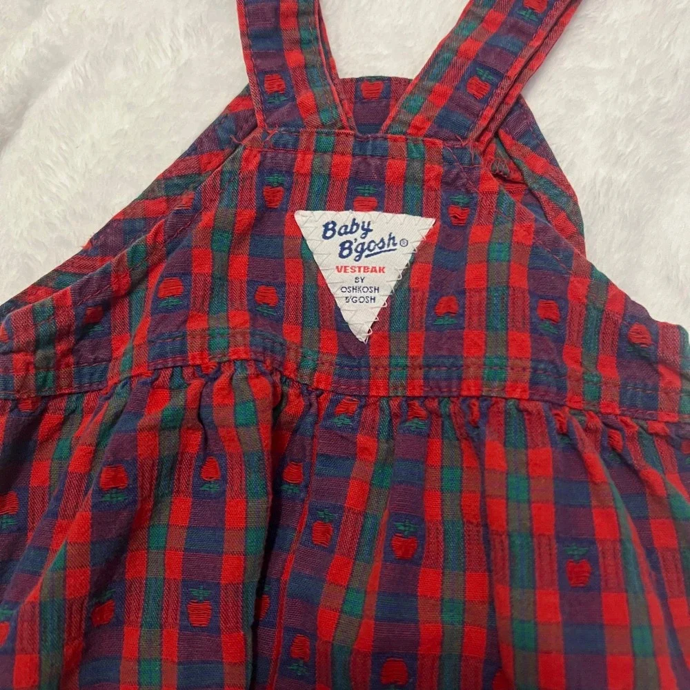 Vintage Baby OshKosh B'gosh Plaid Apple Vestbak Shortalls Red Blue 6-9M